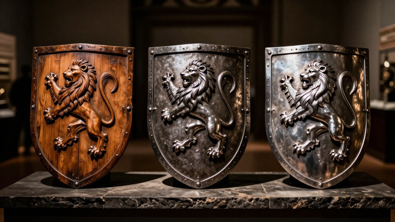 Tres escudos con el León Rampante muestran su evolución en madera, hierro y acero.