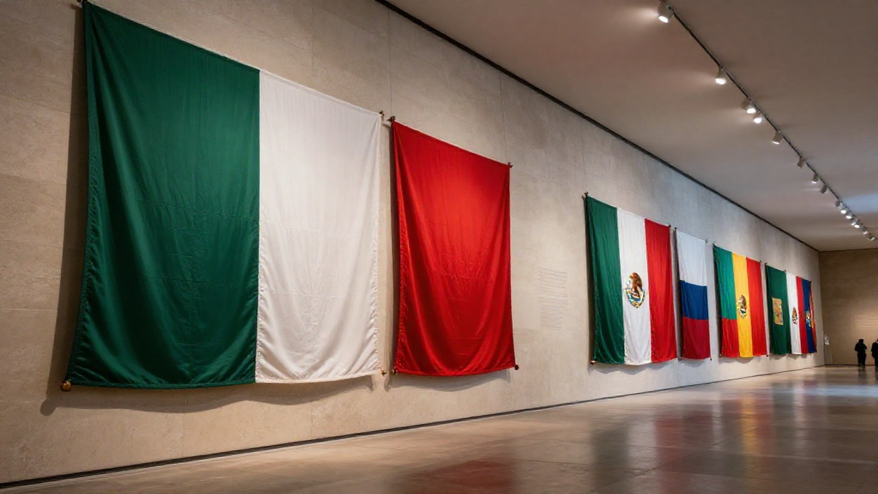 Exhibición cronológica de la evolución de la bandera de México en una galería de museo.