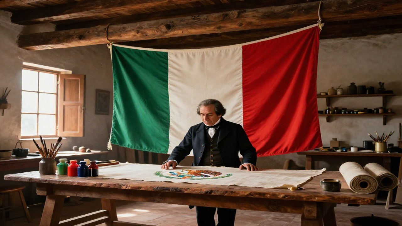 Hombre de vestimenta histórica inspecciona una bandera tricolor pintada en un taller mexicano rústico.