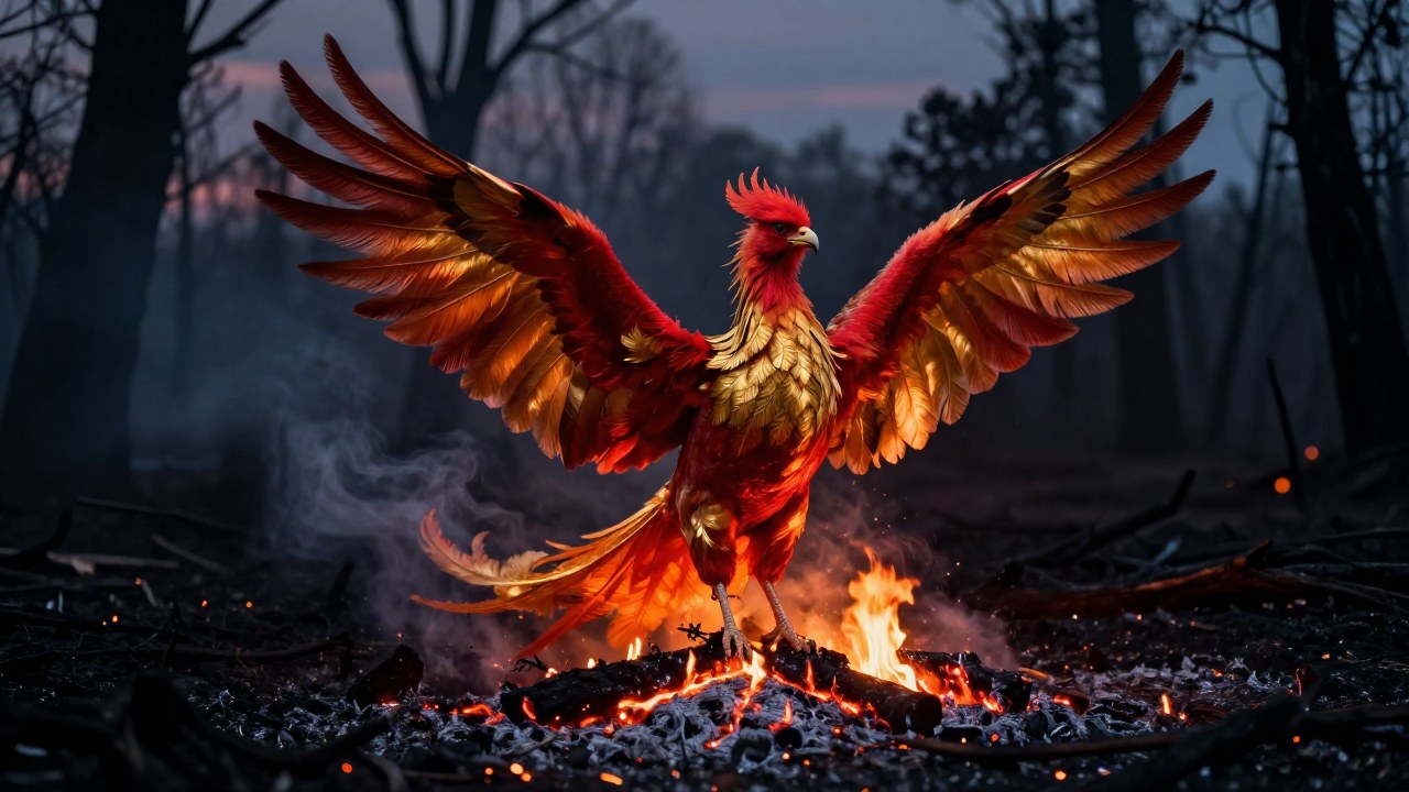 Un fénix con plumas vibrantes surge de un lecho de brasas y cenizas en un bosque quemado.
