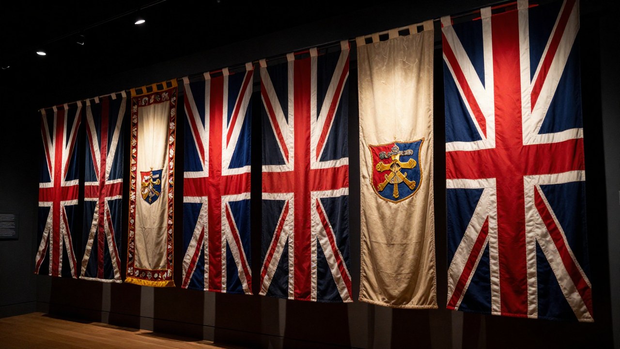 Banderas heráldicas británicas con la Cruz de San Andrés en una galería de museo.