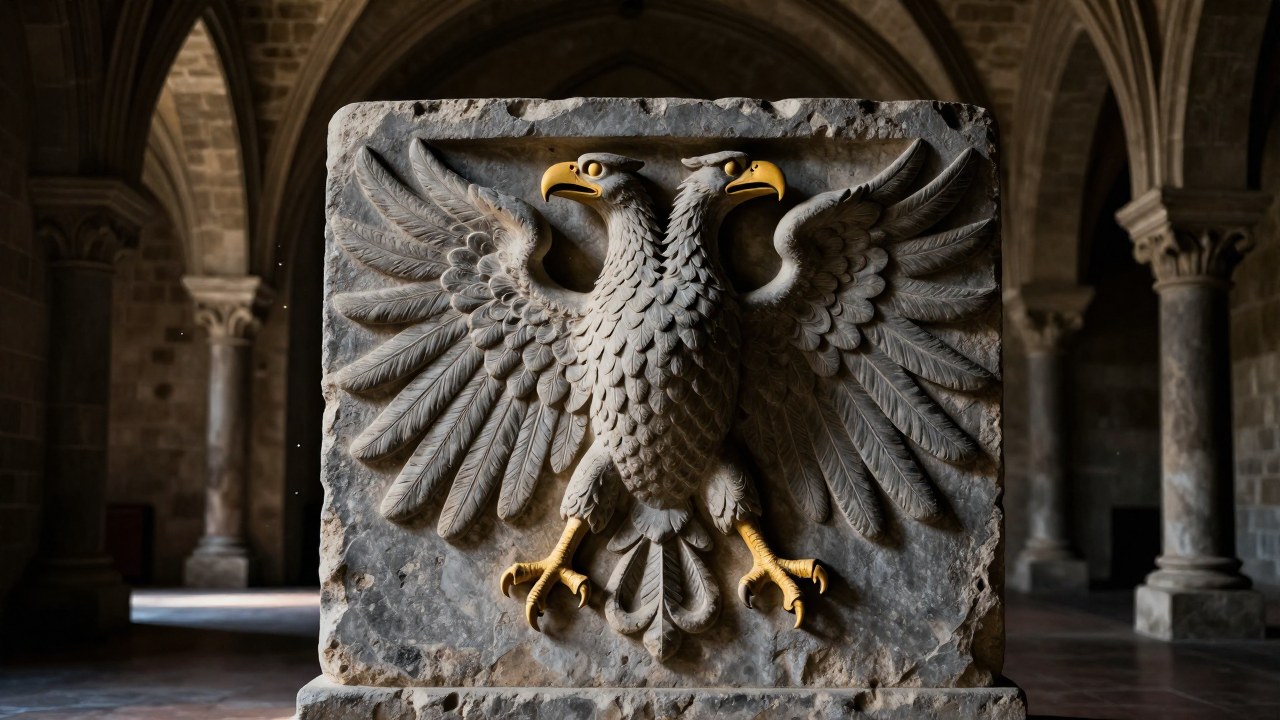 Águila de dos cabezas tallada en una pared de piedra de un palacio medieval.