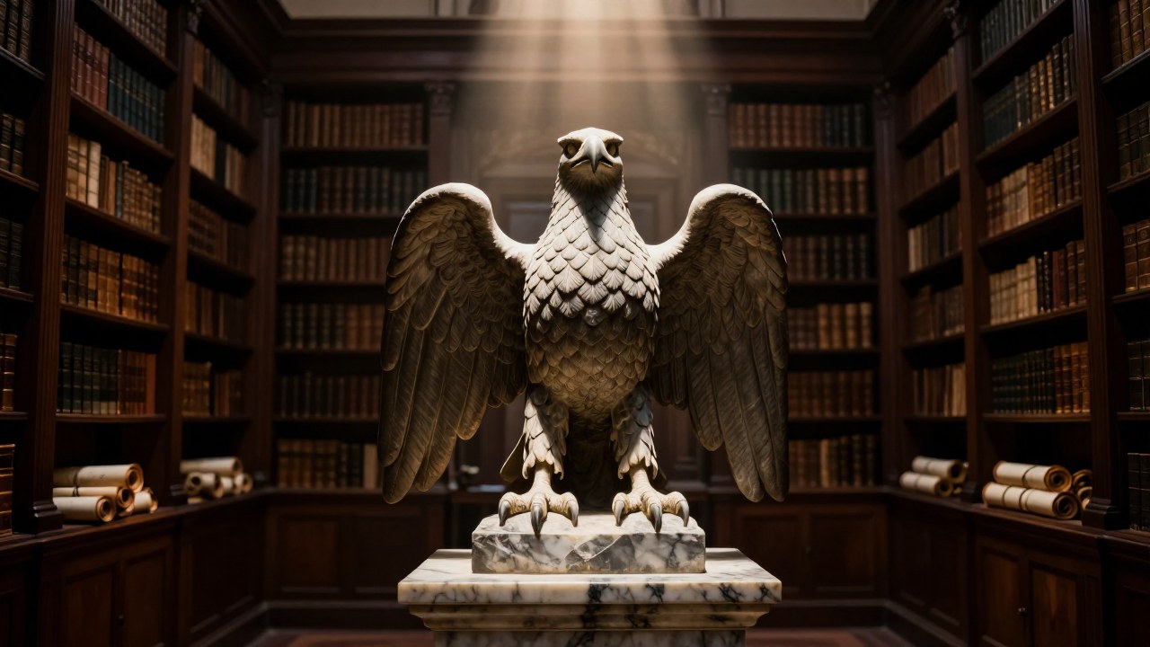 Escultura de águila de dos cabezas en un archivo histórico con estantes de libros.