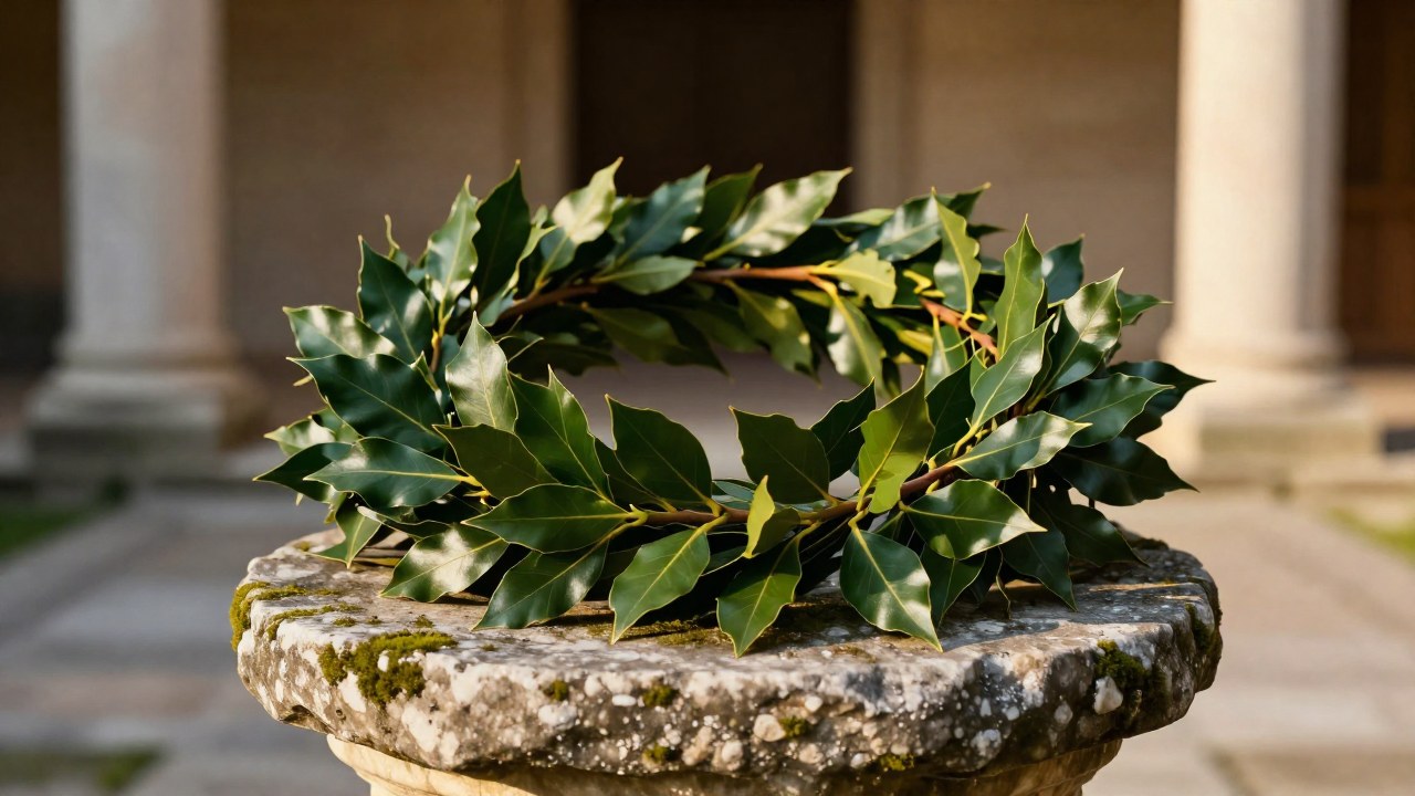 Corona de hojas de laurel sobre un pedestal de piedra en un patio clásico.