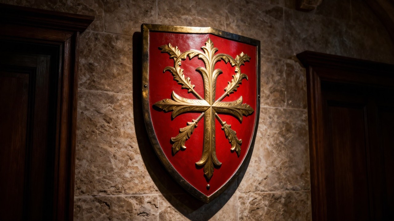 Escudo heráldico rojo con filigranas doradas en una pared de piedra en un salón histórico.