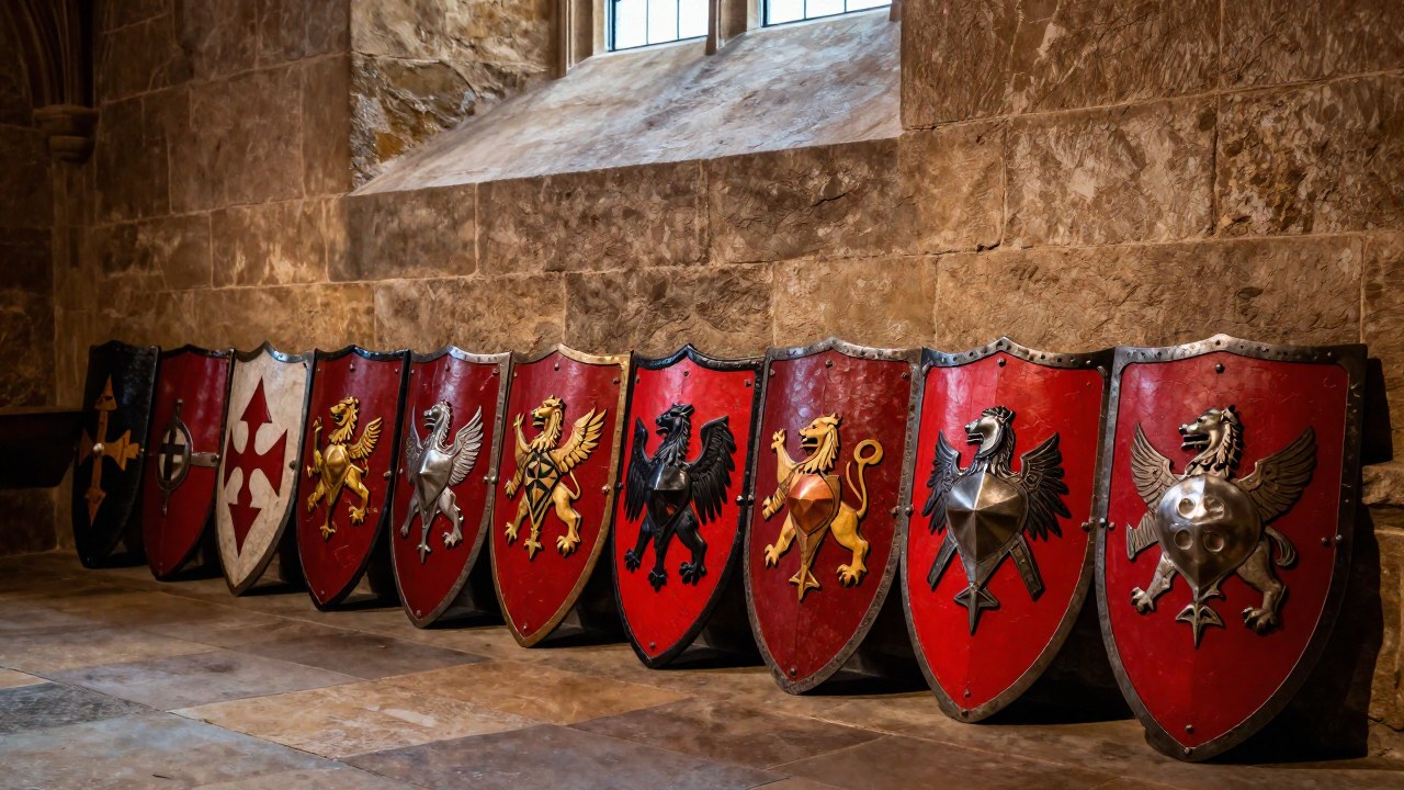 Escudos medievales en un muro de piedra que muestran la progresión de tonos rojos heráldicos.