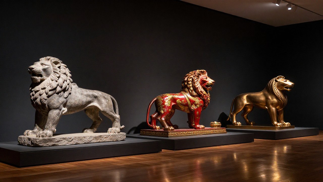 Tres esculturas de leones rampantes muestran la evolución artística en una galería de museo.