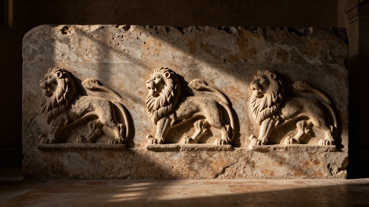 Tres etapas de la evolución del emblema del león rampante español talladas en piedra.