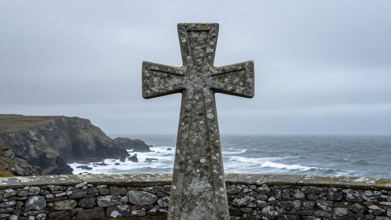 Cruz de San Andrés tallada en una fortificación costera de piedra frente al mar.