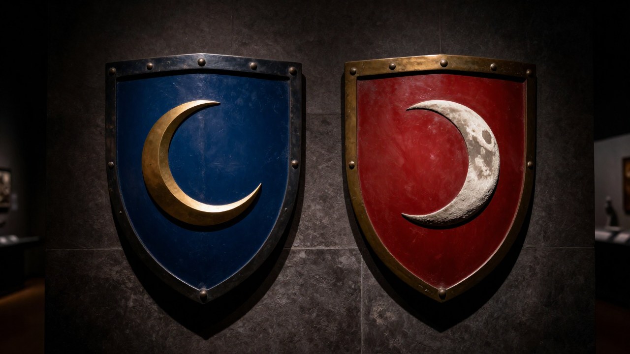 Dos escudos heráldicos muestran una luna creciente geométrica y una representación astronómica realista.