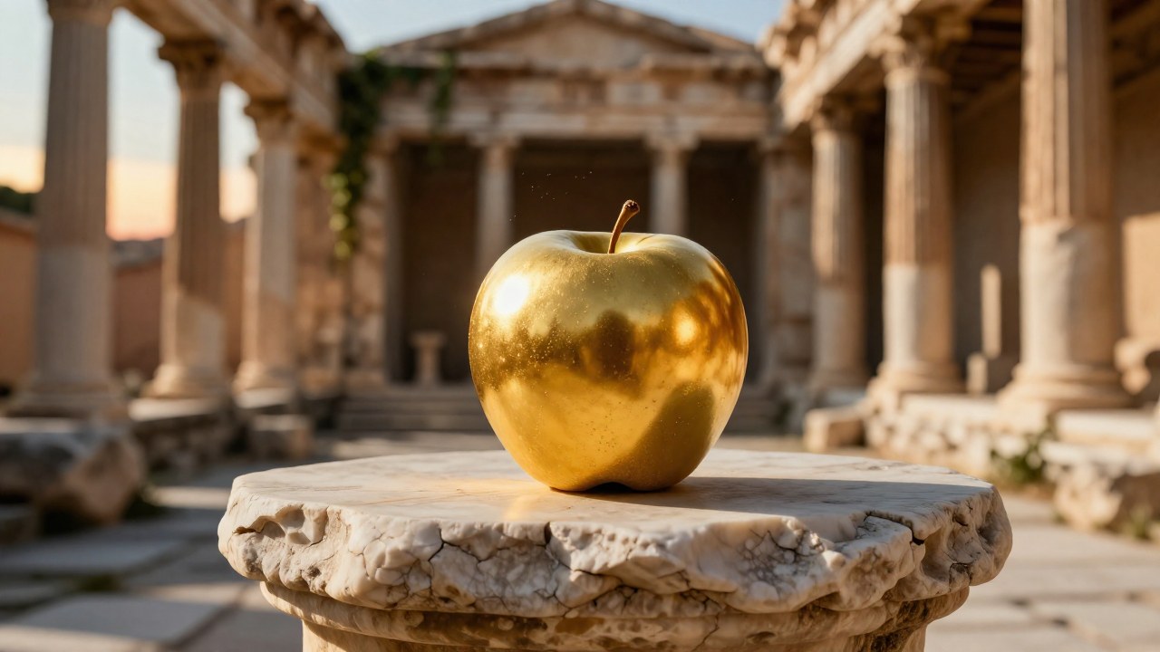 Manzana dorada sobre un pedestal de mármol frente a las ruinas de un templo antiguo.