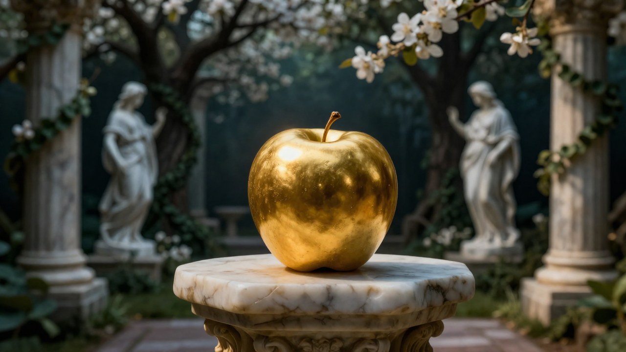 Manzana de oro sobre un pedestal de mármol en un jardín con columnas.