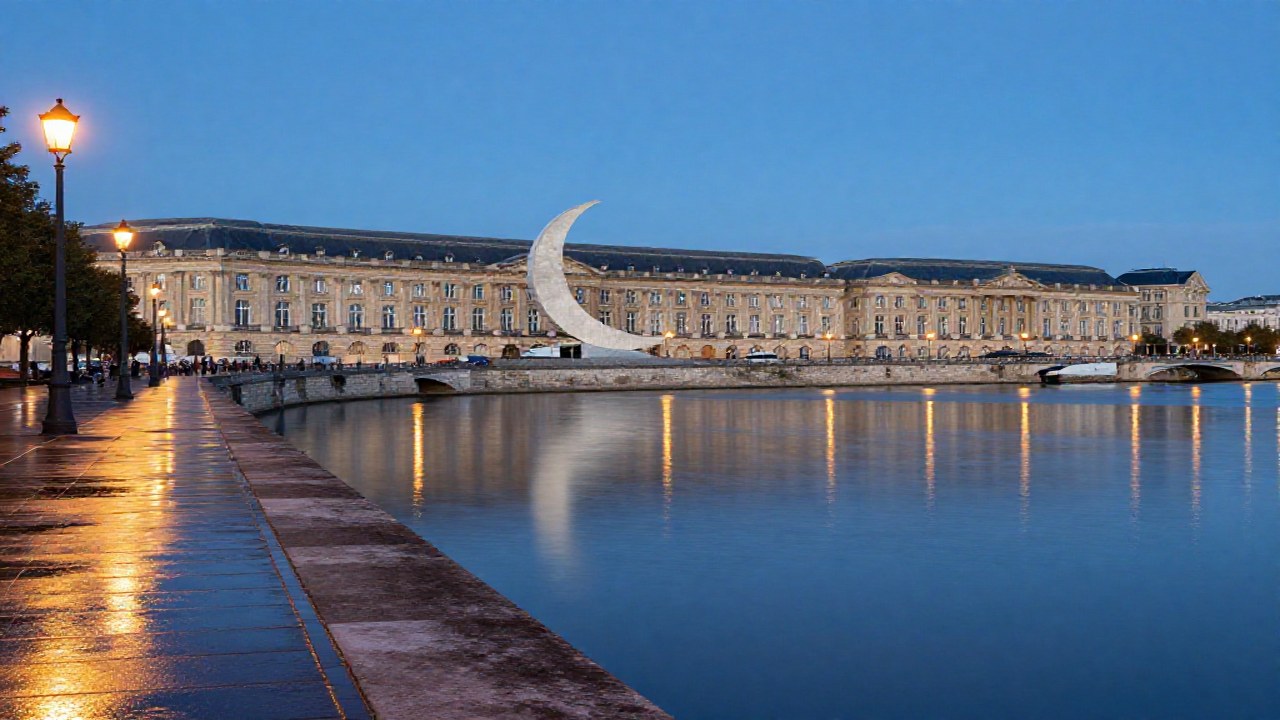 Fachadas del puerto de la Luna en Burdeos con una escultura de luna creciente al atardecer.