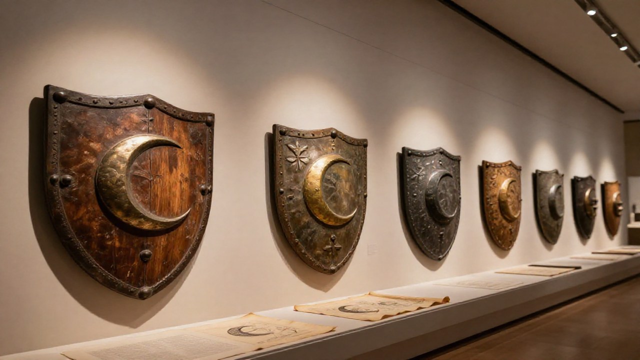 Escudos y pergaminos en una exposición sobre la evolución heráldica de la luna creciente.