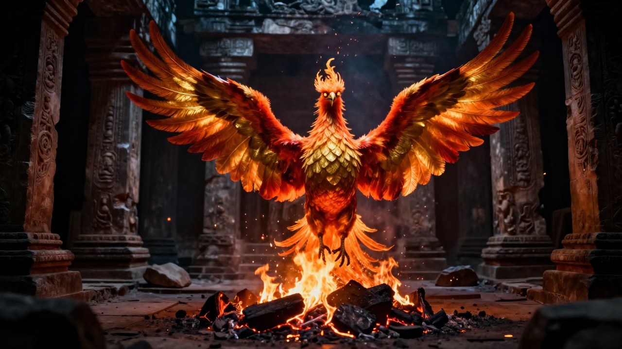 Fénix de plumas ardientes surge de las cenizas en un templo antiguo en ruinas.