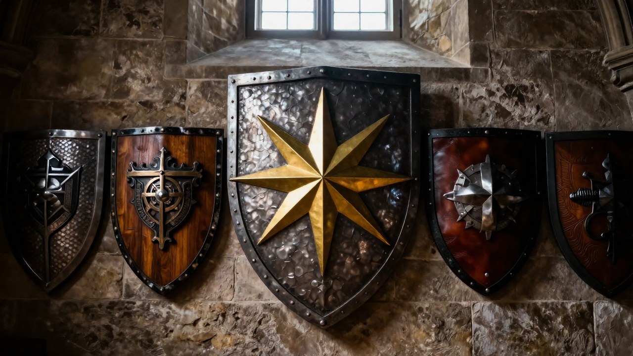 Escudos heráldicos en una pared de piedra con uno central de estrella dorada.