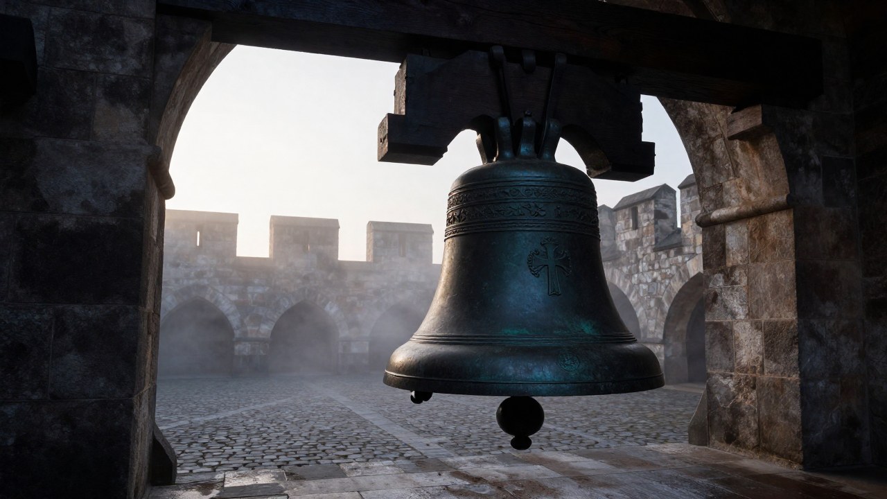 Campana de bronce grabada cuelga en un patio de piedra medieval bajo una niebla matutina.