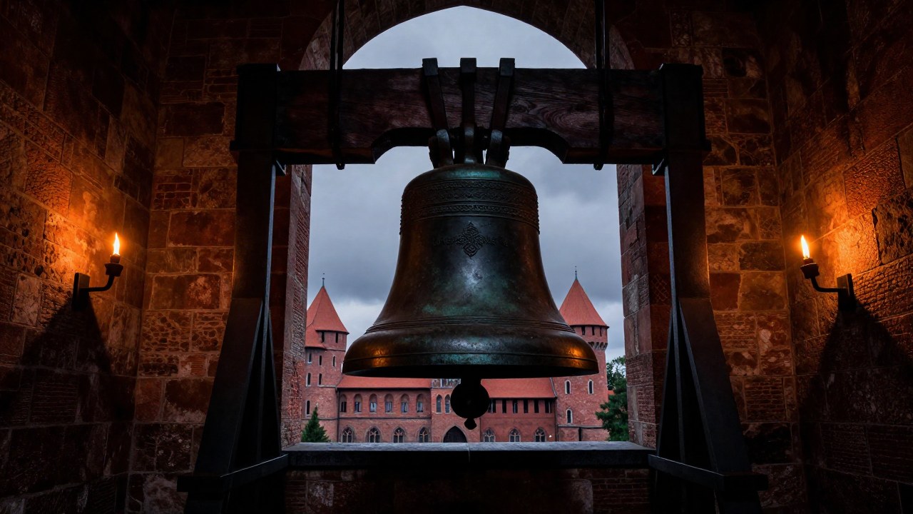 Campana de bronce en el interior de una torre de piedra frente al castillo de Malbork.