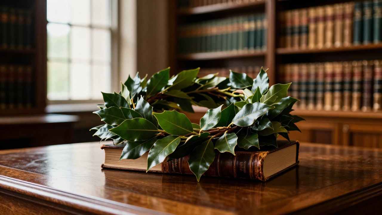 Corona de laurel sobre libros antiguos en un escritorio de biblioteca clásica.
