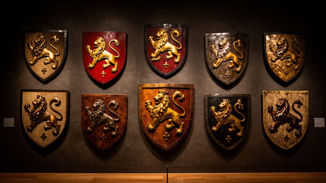 Galería de museo con diversos escudos y tapices que muestran la evolución histórica del león rampante.