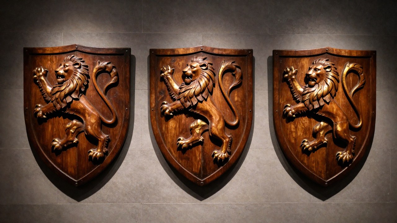 Tres escudos heráldicos de madera muestran la evolución de la postura de un león.