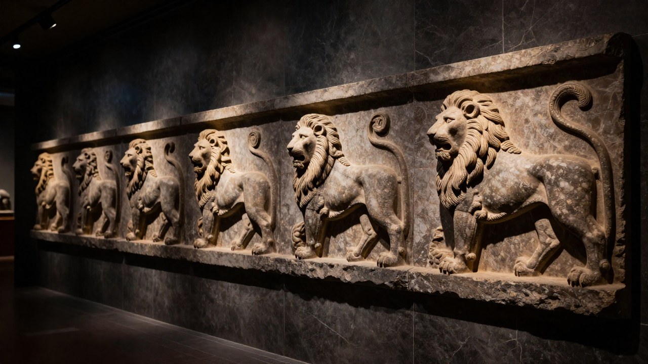 Fila de relieves antiguos que muestran la evolución histórica del león rampante en una galería.
